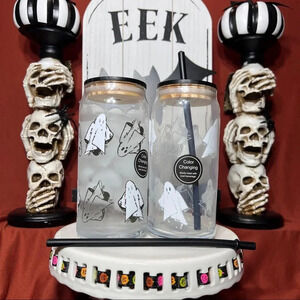 HTF Cold Color Changing Halloween Glass White Ghost Tumblers With Straw x2